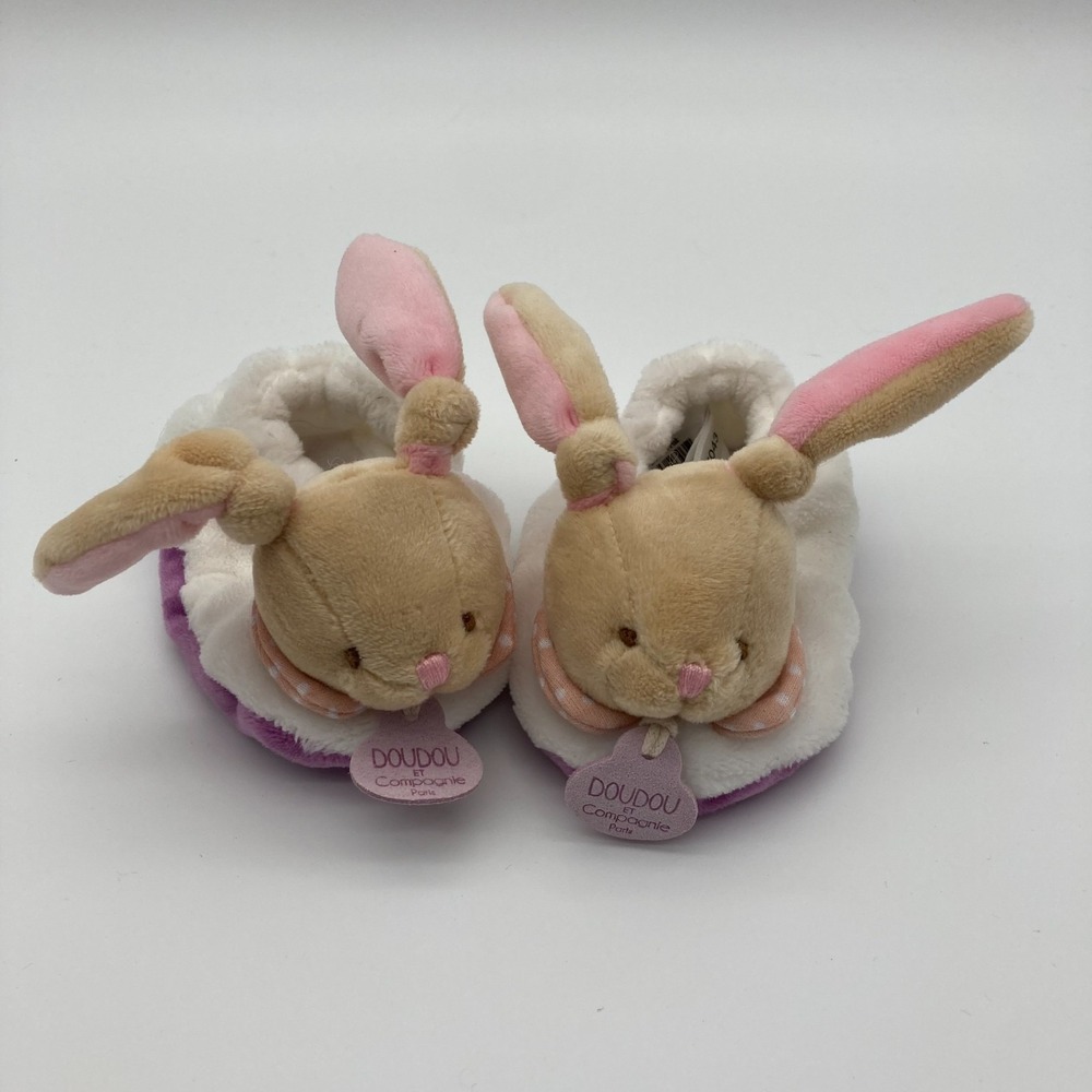 Doudou et Compagnie Paris Pink Bunny Rattle Baby Booties Slippers 0-6 Months